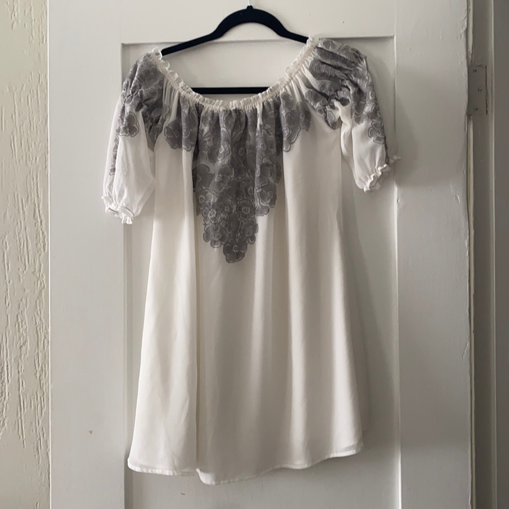 For love & lemons white chiffon off the shoulder embroidered dress